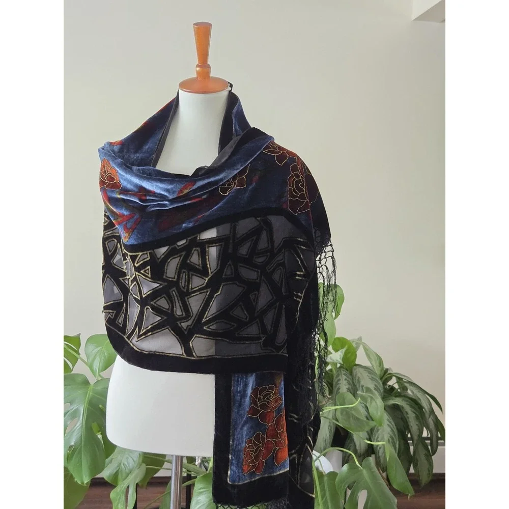 VTG 100% Silk Burnout Velvet Piano Scarf Shawl Art Deco Stain Glass‎ Whimsigoth